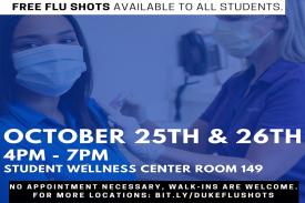 Masked person receiving their flu shot | October 25th 4:00pm-7:00pm Student Wellness Center Room 149 | No appointment necessary, walk in are welcome. For more location: bit.ly/dukeflushots